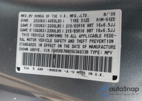2005 Honda Cr-V Ex z USA, uszkodzony, nr VIN SHSRD78805U346338